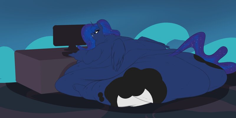 Size: 4000x2004 | Tagged: questionable, artist:astr0zone, derpibooru import, alicorn, anthro, unguligrade anthro, belly, big belly, bingo wings, butt, computer, fat, fat fetish, female, fetish, high res, huge belly, huge butt, image, immobile, impossibly large butt, jpeg, large butt, monitor, morbidly obese, neck roll, obese, open mouth, princess moonpig, rolls of fat, sitting, solo, solo female