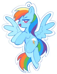 Size: 550x717 | Tagged: safe, artist:melochiau, derpibooru import, part of a set, rainbow dash, pony, blue coat, ear fluff, female, flying, g4, hooves in air, image, in air, keychain, lidded eyes, mare, multicolored hair, multicolored mane, multicolored tail, narrowed eyes, open mouth, open smile, pink eyes, png, rainbow hair, rainbow tail, raised hoof, raised hooves, simple background, sketch, smiling, solo, spread wings, tail, white background, wing fluff, wingding eyes, wings, wip
