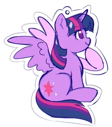 Size: 675x766 | Tagged: safe, artist:melochiau, derpibooru import, part of a set, twilight sparkle, twilight sparkle (alicorn), alicorn, pony, blue mane, blue tail, ear fluff, eyebrows, eyebrows visible through hair, female, g4, hoof on chin, horn, image, keychain, mare, multicolored mane, multicolored tail, png, profile, purple coat, purple eyes, simple background, sitting, sketch, smiling, solo, spread wings, tail, unicorn horn, white background, wing fluff, wingding eyes, wings, wip