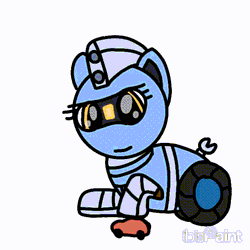 Size: 640x640 | Tagged: safe, artist:foxfer64_yt, derpibooru import, oc, oc:silverstream (robot pony), unofficial characters only, original species, pony, robot, robot pony, animated, car, gif, image, loop, pullback, simple background, solo, toy, toy car, white background