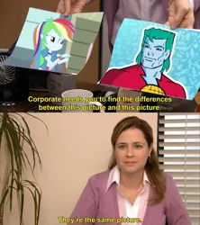 Size: 640x720 | Tagged: safe, derpibooru import, edit, screencap, rainbow dash, equestria girls, equestria girls (movie), captain planet and the planeteers, exploitable meme, g4, image, imgflip, meme, pam beesly, png, the office, they're the same picture