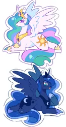 Size: 390x742 | Tagged: safe, artist:melochiau, derpibooru import, part of a set, princess celestia, princess luna, alicorn, pony, blue coat, blue eyes, blue mane, blue tail, blushing, crown, duo, duo female, ethereal mane, ethereal tail, eyebrows, eyebrows visible through hair, eyelashes, eyeshadow, female, g4, hoof shoes, horn, image, jewelry, keychain, long horn, long mane, long tail, looking back, lying down, makeup, mare, multicolored mane, multicolored tail, open mouth, open smile, peytral, png, princess shoes, prone, purple eyes, raised hoof, regalia, royal sisters, siblings, simple background, sisters, sketch, smiling, spread wings, starry mane, starry tail, sticker, tail, tiara, wavy mane, wavy tail, white background, white coat, wing fluff, wingding eyes, wings, wip