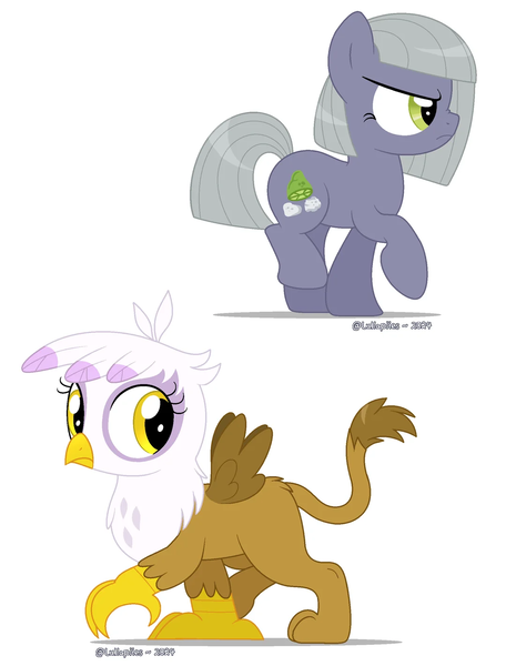 Size: 1080x1420 | Tagged: safe, artist:lullapiies, derpibooru import, gilda, limestone pie, gryphon, pony, chickub, chickub gilda, cute, filly limestone pie, gildadorable, image, li'l gilda, limabetes, looking back, png, scrunchy face, simple background, walking, white background, younger