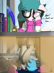 Size: 3000x4000 | Tagged: suggestive, artist:noomeralf, derpibooru import, oc, oc:hazy breeze, oc:noomi feathers, pegasus, pony, book, chair, clothes, dirty socks, feather, female, glasses, image, lab coat, male, office, office chair, png, pullover, slippers, smelling, smelly hooves, smelly socks, sniffing, socks, sweat, table, x-ray