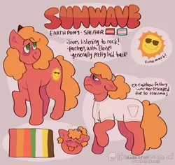 Size: 1274x1205 | Tagged: safe, artist:vemrill, derpibooru import, oc, earth pony, pony, earth pony oc, image, png, pride flag, pronouns, red coat, reference sheet, smiling, solo, sun