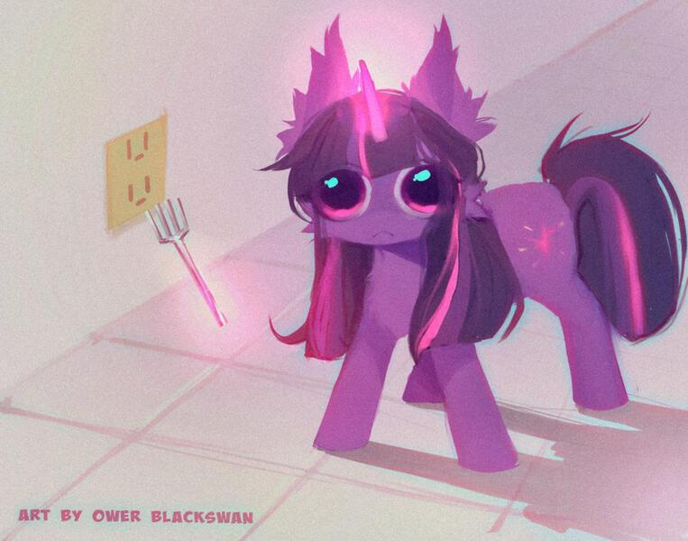 Size: 1024x805 | Tagged: safe, artist:blcksswn, derpibooru import, twilight sparkle, pony, unicorn, :<, alternate eye color, big ears, big eyes, chest fluff, ear fluff, electrical outlet, eye clipping through hair, female, fork, glow, glowing horn, grainy, horn, image, imminent death, imminent pain, jpeg, lineless, long horn, magic, mare, multicolored mane, multicolored tail, pink eyes, purple coat, purple mane, purple tail, signature, small pony, solo, standing, tail, telekinesis, this will end in death, this will end in pain, unicorn twilight, wide eyes, wide stance