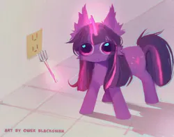 Size: 1024x805 | Tagged: safe, artist:blcksswn, derpibooru import, twilight sparkle, pony, unicorn, :<, alternate eye color, big ears, big eyes, chest fluff, ear fluff, electrical outlet, eye clipping through hair, female, fork, glow, glowing horn, grainy, horn, image, imminent death, imminent pain, jpeg, lineless, long horn, magic, mare, multicolored mane, multicolored tail, pink eyes, purple coat, purple mane, purple tail, signature, small pony, solo, standing, tail, telekinesis, this will end in death, this will end in pain, unicorn twilight, wide eyes, wide stance