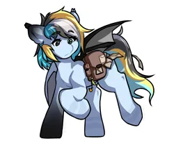 Size: 2000x1700 | Tagged: safe, artist:nova19, derpibooru import, oc, oc:stendeee, unofficial characters only, bat pony, pony, bag, bat pony oc, bat wings, commission, image, mailmare, png, saddle bag, simple background, solo, white background, wings