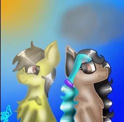 Size: 651x640 | Tagged: safe, artist:harmonyqueenrainbow, derpibooru import, unnamed character, oc, oc:thunder (fl), earth pony, pegasus, pony, duo, image, jpeg, looking at each other, looking at someone, signature, sunlight, waist up