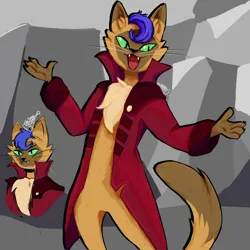 Size: 2000x2000 | Tagged: safe, artist:esterietheclown, derpibooru import, capper dapperpaws, abyssinian, anthro, cat, my little pony: the movie, arms spread out, claws, clothes, coat, ear fluff, ears, fangs, fluffy, fur, furry, g4, gesture, grin, image, jpeg, open mouth, smiling, solo, whiskers