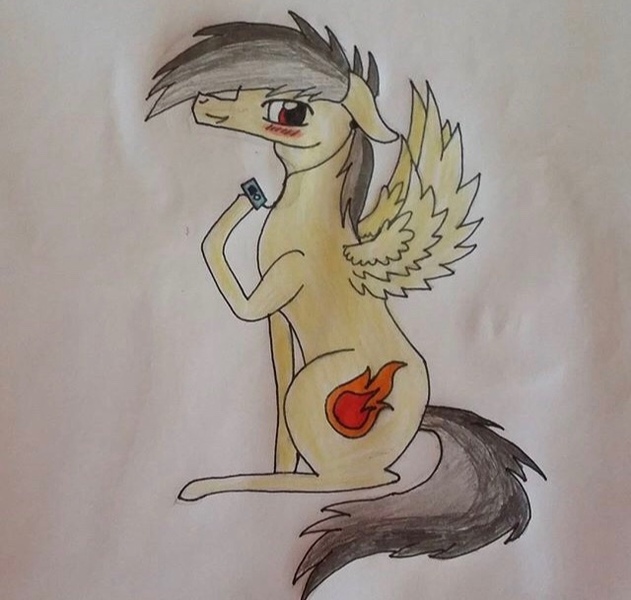 Size: 640x609 | Tagged: safe, artist:princessafiramlp, derpibooru import, oc, oc:thunder (fl), unofficial characters only, pegasus, pony, blushing, floppy ears, image, jpeg, listening to music, looking at you, sitting, solo, traditional art