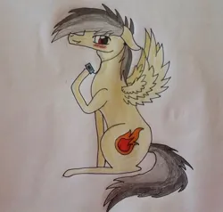 Size: 640x609 | Tagged: safe, artist:princessafiramlp, derpibooru import, oc, oc:thunder (fl), unofficial characters only, pegasus, pony, blushing, floppy ears, image, jpeg, listening to music, looking at you, sitting, solo, traditional art