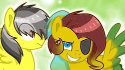 Size: 640x357 | Tagged: safe, artist:caramelsnow, derpibooru import, oc, oc:caramel snow (evil), oc:thunder (fl), pegasus, pony, confused, duo, eyepatch, image, jpeg, male, smiling, smirk, unamused