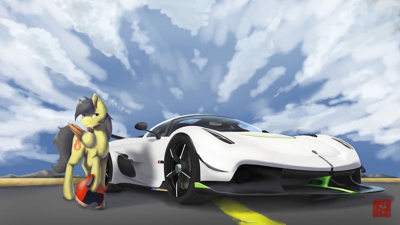 Size: 1334x750 | Tagged: safe, artist:st4r_, derpibooru import, oc, oc:thunder (fl), pegasus, pony, car, helmet, highway, image, png, racecar, signature, watermark