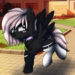 Size: 768x768 | Tagged: safe, artist:artywolfe, derpibooru import, oc, oc:onyxstar (fl), pegasus, pony, base used, choker, clothes, image, jpeg, park, running, school, smiling, socks, spiked choker, spread wings, thigh highs, wings