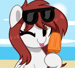 Size: 2048x1865 | Tagged: safe, artist:kittyrosie, derpibooru import, oc, oc:kira (fl), pegasus, pony, beach, day, female, food, ice cream, image, jpeg, ocean, one eye closed, sand, solo, sunglasses, sunglasses on head, water, wink