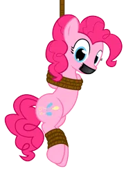 Size: 1200x1647 | Tagged: safe, artist:cardshark777, derpibooru import, pinkie pie, earth pony, pony, bondage, bound and gagged, digital art, female, g4, gag, hanging, helpless, hooves behind back, image, looking at you, mare, pink mane, pink tail, png, rope, rope bondage, simple background, solo, suspended, suspension bondage, tail, tape, tape gag, tied up, transparent background