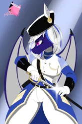 Size: 2295x3487 | Tagged: safe, artist:mairiathus, derpibooru import, oc, oc:snowy smarty, unofficial characters only, anthro, dragon, abstract background, clothes, dragoness, female, image, png, solo, solo female, sword, uniform, weapon