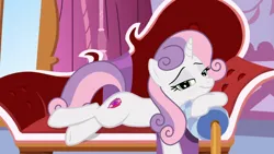 Size: 1366x768 | Tagged: safe, artist:lunaticdawn, derpibooru import, sweetie belle, pony, unicorn, adorasexy, bedroom eyes, blushing, carousel boutique, couch, cute, fainting couch, female, g4, horn, image, looking at you, lying down, mare, older, older sweetie belle, pillow, png, pose, relaxing, resting, seductive look, seductive pose, sexy, smiling, solo, sultry pose