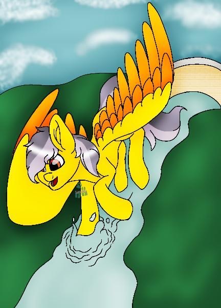 Size: 432x600 | Tagged: artist needed, safe, derpibooru import, oc, oc:thunder (fl), unofficial characters only, pegasus, pony, bridge, day, flying, image, jpeg, river, solo, touching, water