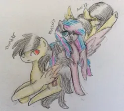 Size: 505x453 | Tagged: safe, artist:marzipan_studios, derpibooru import, oc, oc:flutters, oc:marzi, oc:thunder (fl), pegasus, pony, image, jpeg, names, traditional art, trio