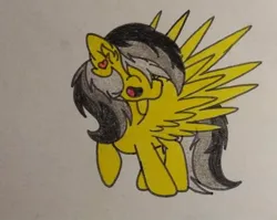 Size: 612x486 | Tagged: safe, artist:cherry.317, derpibooru import, oc, oc:thunder (fl), pegasus, pony, image, jpeg, smiling, spread wings, traditional art, wings