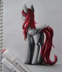 Size: 612x708 | Tagged: safe, artist:lunarcat101, derpibooru import, oc, oc:kira (fl), pegasus, pony, butt, image, jpeg, looking at you, looking back, signature, smiling, solo, three quarter view, traditional art