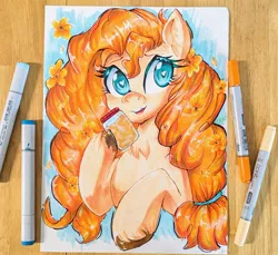 Size: 2261x2072 | Tagged: safe, artist:floralshitpost, derpibooru import, pear butter, earth pony, pony, flower, flower in hair, image, jpeg, markers, photo, traditional art, unshorn fetlocks, wingding eyes