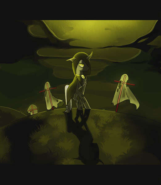 Size: 625x718 | Tagged: safe, artist:minty--fresh, derpibooru import, oc, changeling, changeling oc, cloaked, collaboration, graveyard, image, png, shadows, sky, solo, yellow changeling, yellow eyes