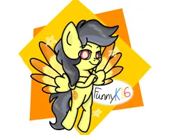 Size: 1548x1204 | Tagged: safe, artist:funnyk16, derpibooru import, oc, oc:thunder (fl), pegasus, pony, flying, image, looking at you, png, signature, simple background, smiling, solo