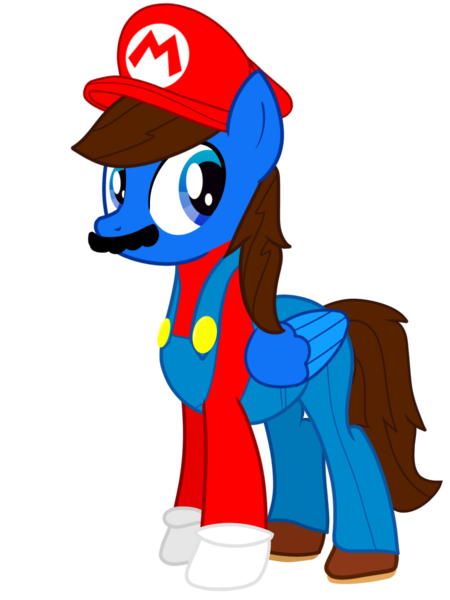 Size: 768x1024 | Tagged: safe, artist:bluemario11, derpibooru import, oc, oc:blue thunder, unofficial characters only, pegasus, clothes, costume, facial hair, image, male, mar10 day, mario, mario day, mario hat, moustache, png, simple background, solo, super mario bros., transparent background