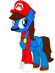 Size: 768x1024 | Tagged: safe, artist:bluemario11, derpibooru import, oc, oc:blue thunder, unofficial characters only, pegasus, clothes, costume, facial hair, image, male, mar10 day, mario, mario day, mario hat, moustache, png, simple background, solo, super mario bros., transparent background