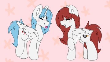 Size: 360x203 | Tagged: safe, artist:emeraldthepony, derpibooru import, oc, oc:kira (fl), oc:nara (fl), alicorn, pegasus, pony, image, jpeg, one eye closed, siblings, simple background, smiling, stars, wink