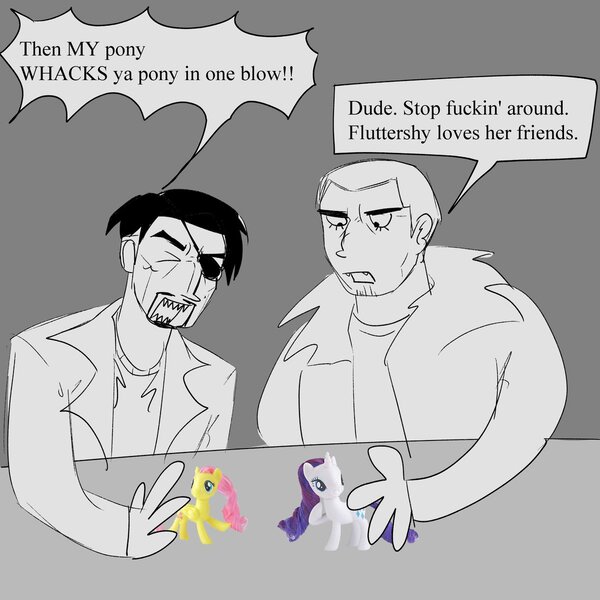 Size: 1200x1200 | Tagged: safe, artist:ichisushii, derpibooru import, fluttershy, rarity, human, pegasus, pony, unicorn, goro majima, horn, image, jpeg, taiga saejima, toy, vulgar, yakuza