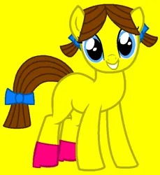 Size: 604x660 | Tagged: safe, artist:spitfirethepegasusfan39, artist:winter-scarf, ponified, earth pony, pony, adult blank flank, base used, blank flank, bow, clothes, female, g4, high heels, image, little miss, little miss tidy, mare, mr. men, mr. men little miss, pigtails, png, shoes, simple background, smiling, solo, tail bow, tidy, yellow background