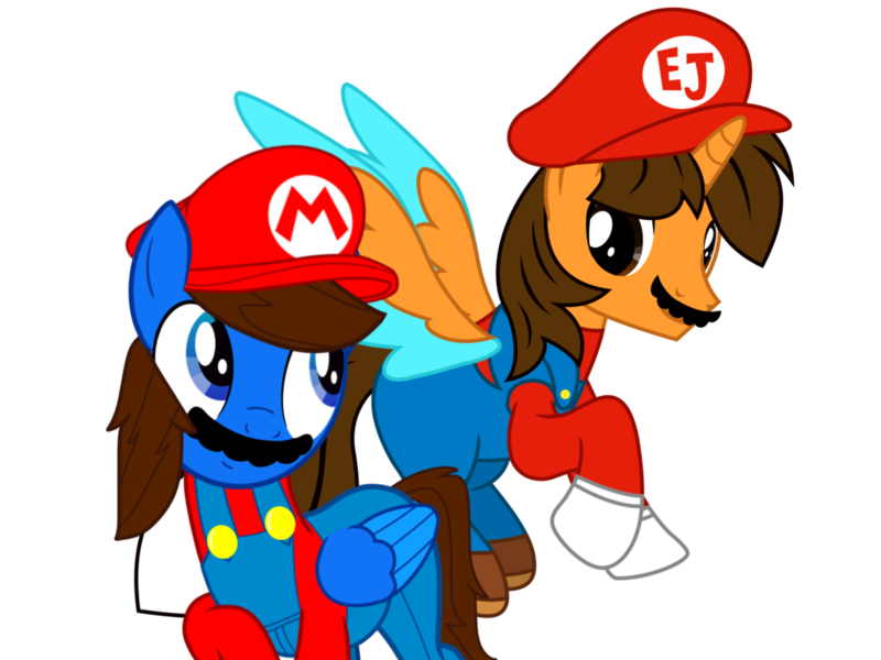 Size: 1024x768 | Tagged: safe, artist:bluemario11, derpibooru import, oc, oc:blue thunder, oc:ej, unofficial characters only, alicorn, pegasus, clothes, costume, duo, duo male, g4, image, male, mario, mario day, mario hat, png, simple background, super mario bros., transparent background