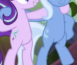 Size: 563x473 | Tagged: safe, derpibooru import, screencap, starlight glimmer, trixie, pony, road to friendship, belly, bipedal, cropped, duo, image, pictures of bellies, png, round belly, smiling