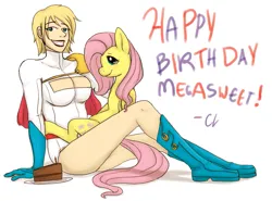 Size: 1105x817 | Tagged: safe, artist:cartoonlion, derpibooru import, fluttershy, human, pegasus, pony, boob window, breasts, cake, cleavage, crossover, dc comics, duo, duo female, female, food, g4, happy birthday, image, looking at you, mare, png, power girl, simple background, smiling, smiling at you, white background