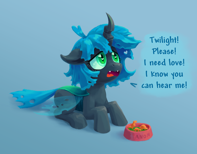 Size: 2170x1699 | Tagged: semi-grimdark, alternate version, artist:impamy, oc, oc:anonfilly, oc:changeling filly anon, changeling, pony, /mlp/, 4chan, abuse, blue background, chicken meat, chicken nugget, dino nuggies, fangs, female, filly, food, food bowl, hungry, image, lidded eyes, lineless, meat, offscreen character, pleading, png, prone, quadrupedal, requested art, sad, simple background, solo, starving