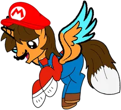 Size: 539x490 | Tagged: safe, artist:rydersimmer, derpibooru import, oc, oc:ej, unofficial characters only, alicorn, clothes, costume, facial hair, image, male, mar10 day, mario, mario day, mario hat, moustache, png, solo, super mario bros.