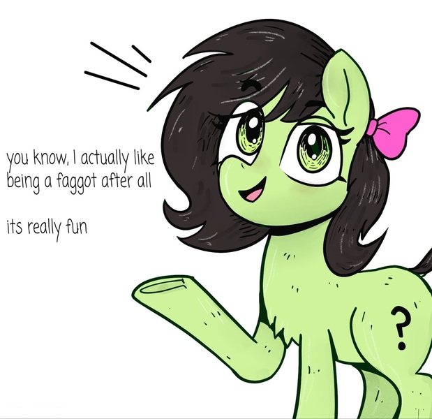 Size: 1364x1323 | Tagged: safe, artist:anonymous, oc, oc:anonfilly, unofficial characters only, pony, chest fluff, faggot, female, filly, fluffy, going native, image, jpeg, looking at you, mane bow, raised hoof, simple background, solo, vulgar, white background