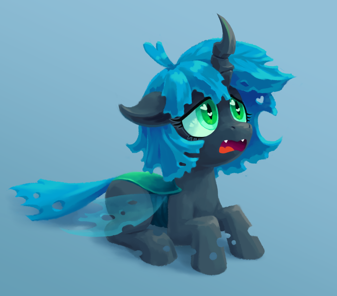 Size: 1719x1511 | Tagged: safe, alternate version, artist:impamy, derpibooru import, oc, oc:anonfilly, oc:changeling filly anon, unofficial characters only, changeling, changeling queen, nymph, begging, blue background, blue mane, cute, cute little fangs, fangs, female, filly, gradient background, green eyes, heart, heart eyes, horn, image, insect wings, pleading, png, quadrupedal, simple background, solo, species swap, wingding eyes, wings
