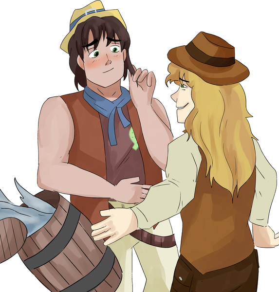 Size: 3000x3139 | Tagged: safe, artist:lapidotisgr8, derpibooru import, braeburn, trouble shoes, human, barrel, belt, blushing, clothes, cowboy hat, cowboy vest, denim, duo, duo male, gay, hat, humanized, image, jeans, looking at each other, looking at someone, male, pants, png, shipping, shirt, troubleburn, vest, water
