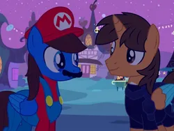Size: 1024x768 | Tagged: safe, artist:bluemario11, derpibooru import, oc, oc:blue thunder, oc:ej, unofficial characters only, alicorn, pegasus, pony, clothes, costume, image, jpeg, male, mario, night, nightmare night, nightmare night costume, ponyville, super mario bros.