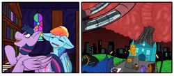 Size: 8000x3500 | Tagged: safe, artist:noblebrony317, derpibooru import, princess luna, rainbow dash, twilight sparkle, alicorn, pony, fanfic:a small issue, anatomically incorrect, bored, brain, city, cityscape, civilization, diagram, futuristic, image, internal, library, map, micro, organs, png, statue, streetlight, traffic, train, unaware