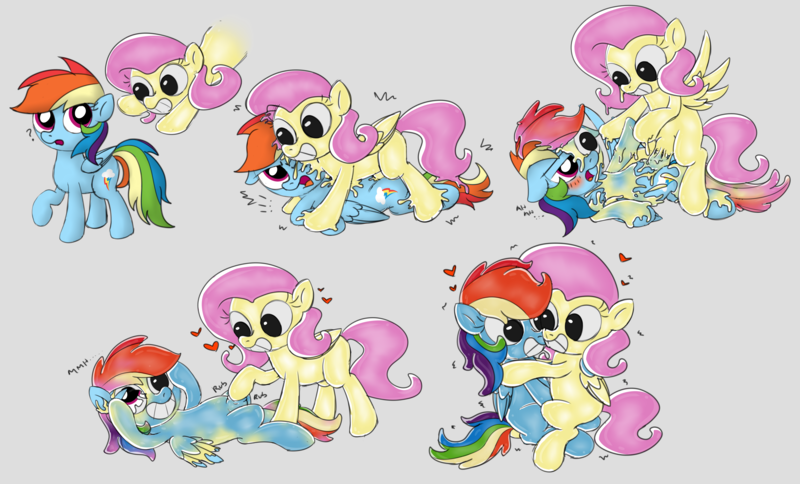 Size: 6776x4099 | Tagged: questionable, artist:tomlooksatstuff, derpibooru import, fluttershy, rainbow dash, pegasus, pony, my little pony: pony life, assimilation, blushing, bondage, crotch bulge, duo, encasement, forced smile, image, latex, liquid latex, living latex, png, rubber, rubbing, smiling, transformation, transformation sequence, wat
