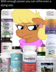 Size: 720x923 | Tagged: safe, artist:jargon scott, derpibooru import, ms. harshwhinny, earth pony, pony, bust, female, frown, furrowed brow, g4, image, implied infertility, jpeg, mare, pill bottle, simple background, solo, text, white background