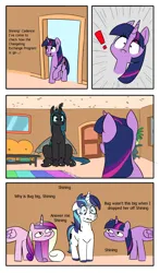 Size: 1551x2631 | Tagged: safe, anonymous artist, artist:polofastter, derpibooru import, princess cadance, queen chrysalis, shining armor, twilight sparkle, twilight sparkle (alicorn), alicorn, changeling, changeling queen, pony, unicorn, ceiling, changeling overfeeding, comic, exclamation point, female, frown, g4, growth, horn, horn impalement, image, implied infidelity, implied shining chrysalis, implied shipping, implied straight, monochrome, nervous, oh crap face, png, quadrupedal, raised hoof, scared, shining armor is a goddamn moron, shocked, simple background, sitting, stare, suspicious, suspicious neck, sweat, sweatdrop, sweating profusely, teary eyes, white background, wide eyes, woonoggles