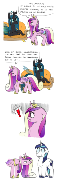 Size: 1919x6096 | Tagged: safe, anonymous artist, artist:polofastter, derpibooru import, princess cadance, queen chrysalis, shining armor, changeling, changeling queen, pony, unicorn, angry, chest fluff, comic, couch, cutie mark, exclamation point, female, floppy ears, frown, g4, horn, image, implied infidelity, implied shining chrysalis, implied shipping, implied straight, liar face, lidded eyes, long mane, looking away, lying down, monochrome, nervous, oh crap face, png, prone, quadrupedal, scared, shining armor is a goddamn moron, shocked, simple background, smug, stare, sudden realization, suspicious, suspicious neck, sweat, sweating profusely, text, this will not end well, wavy mouth, white background, wide eyes, woonoggles