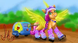 Size: 780x438 | Tagged: safe, derpibooru import, sunny starscout, alicorn, pony, g5, my little pony: a new generation, my little pony: tell your tale, artificial horn, artificial wings, augmented, braid, braided ponytail, female, helmet, horn, image, jpeg, magic, magic horn, magic wings, mare, outdoors, ponytail, race swap, roller skates, rollerblades, scrunchie, skates, solo, spread wings, sunny's bag, sunnycorn, wings